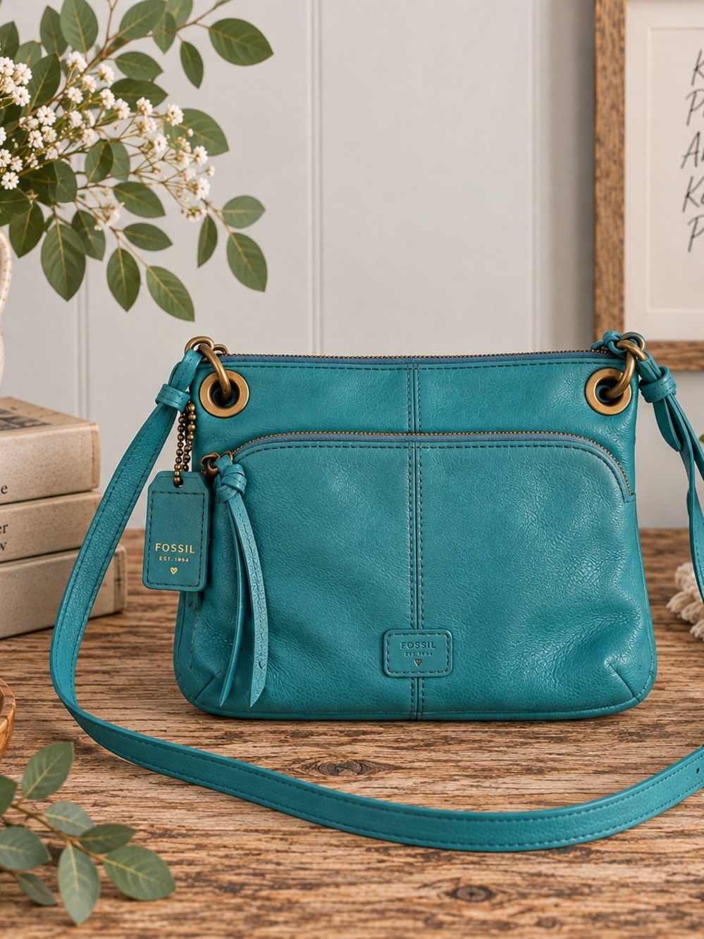 Fossil Teal Leather Crossbody Bag Brass Hardware Tassel Boho Purse